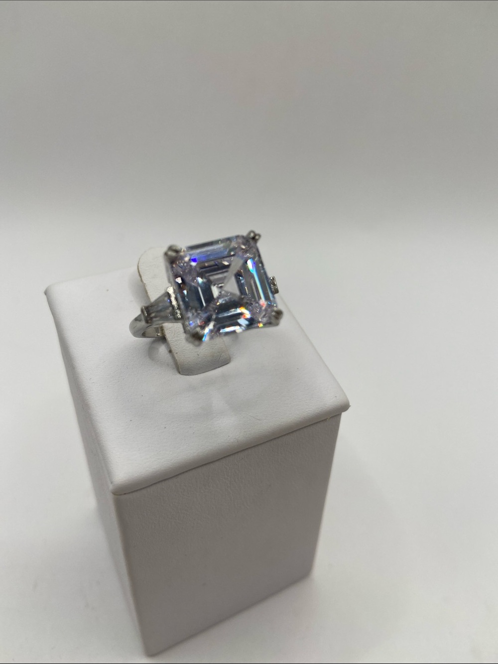 Sterling Silver 925 Asscher Cut Simulated Diamond Ring With Baguettes 6 CT Sz 8
